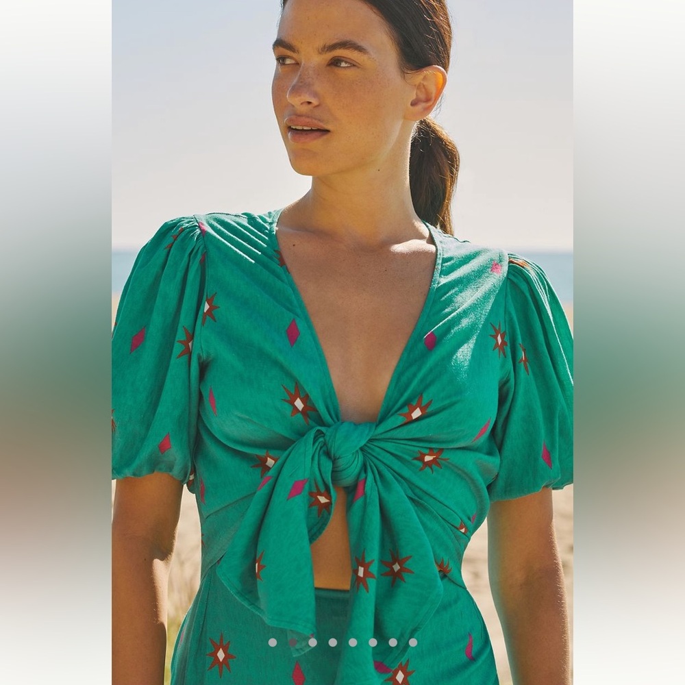 Anthropologie Green Midi Dress with Pink & White Motif - Picture 4 of 14